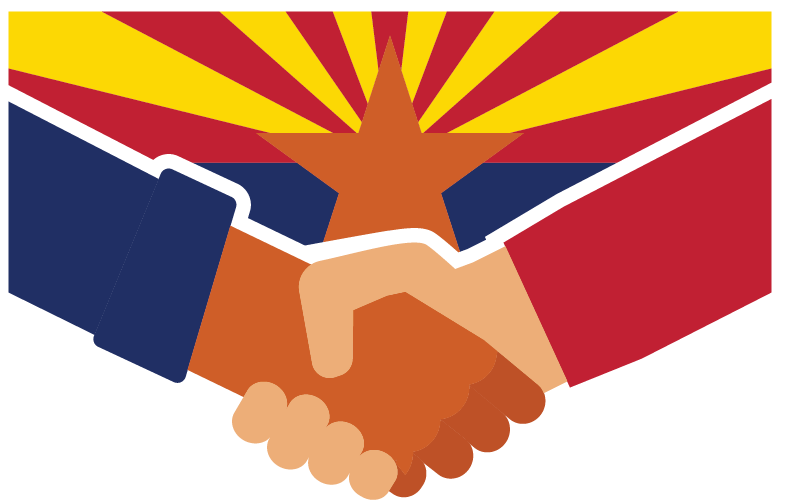 graphic art logo with two hands shaking and the arizona flag in the background
