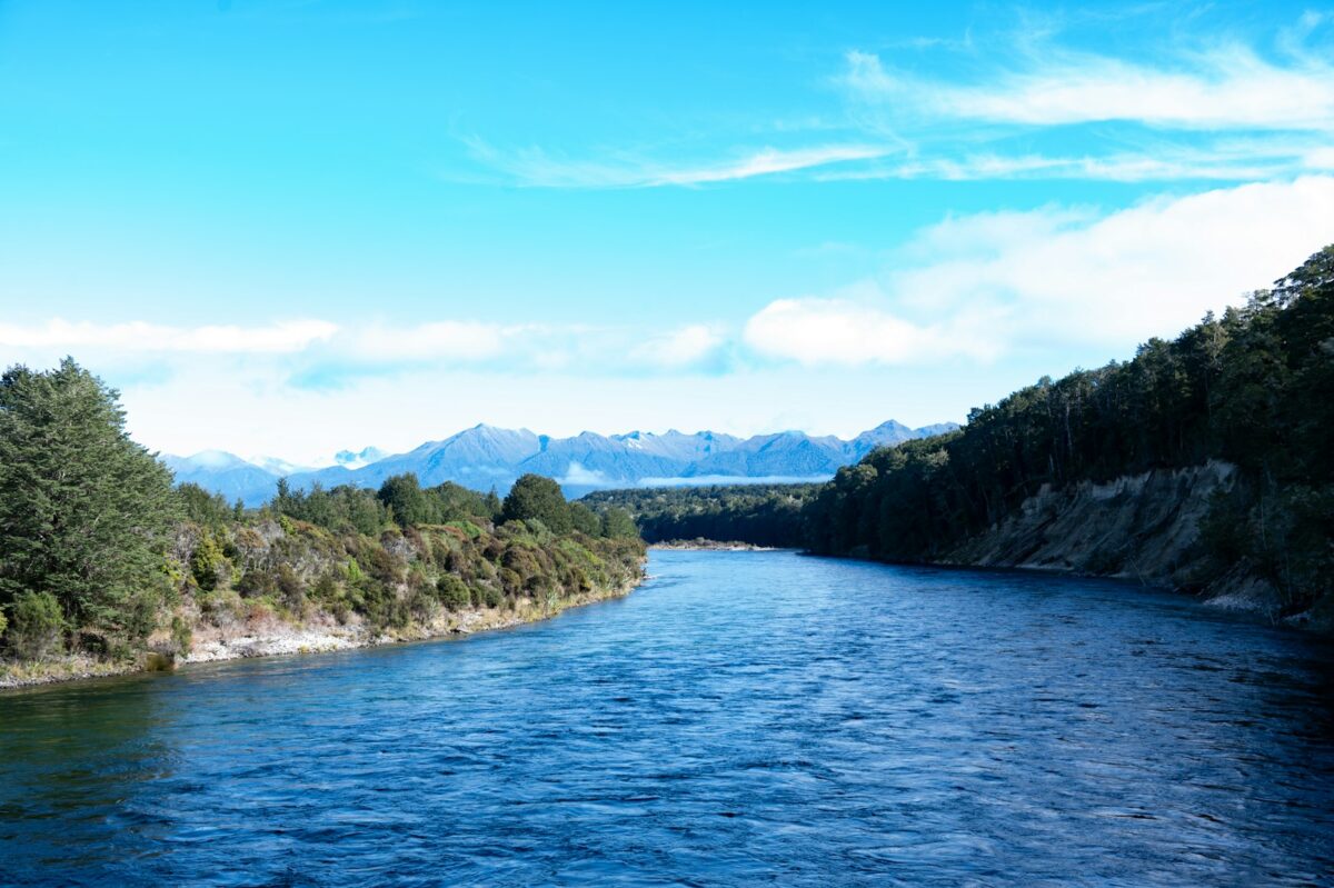 Scenic view of a wide, winding river flowing between forested banks with distant mountains under a bright blue sky — reflecting the natural landscapes of Upper Hutt, New Zealand.